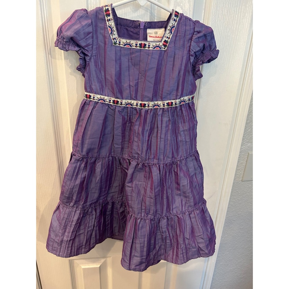 Hanna Andersson Tiered Dress Purple Embroidered Crinkle Iridescent Special Bin A
